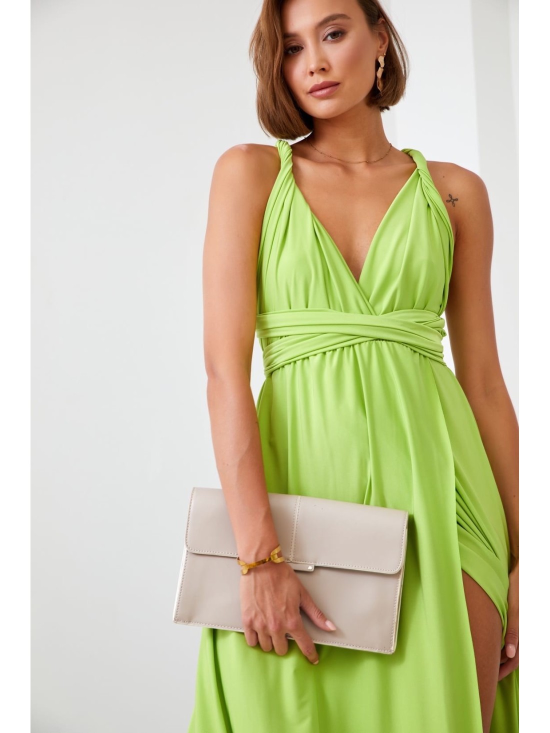 Rochie maxi cu cravata la gat, verde lime 30000 - Magazin online - Boutique